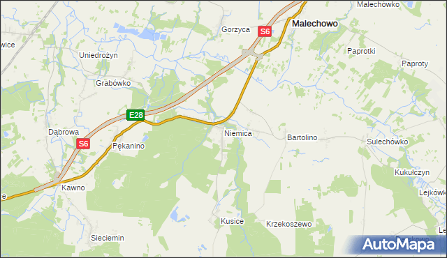 mapa Niemica gmina Malechowo, Niemica gmina Malechowo na mapie Targeo