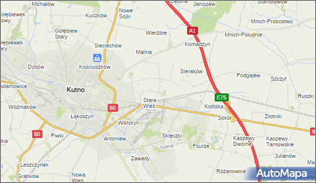mapa Bielawki gmina Kutno, Bielawki gmina Kutno na mapie Targeo