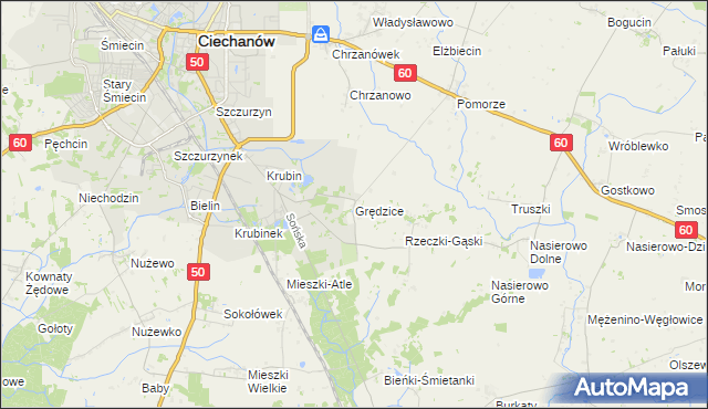 mapa Grędzice gmina Ciechanów, Grędzice gmina Ciechanów na mapie Targeo