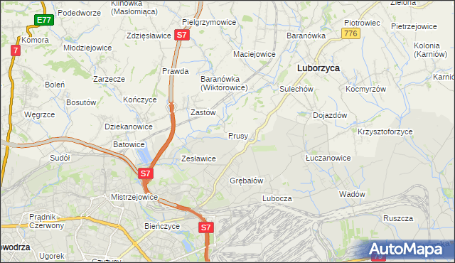 mapa Prusy gmina Kocmyrzów-Luborzyca, Prusy gmina Kocmyrzów-Luborzyca na mapie Targeo