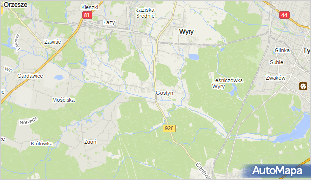 mapa Gostyń gmina Wyry, Gostyń gmina Wyry na mapie Targeo