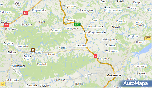 mapa Jawornik gmina Myślenice, Jawornik gmina Myślenice na mapie Targeo