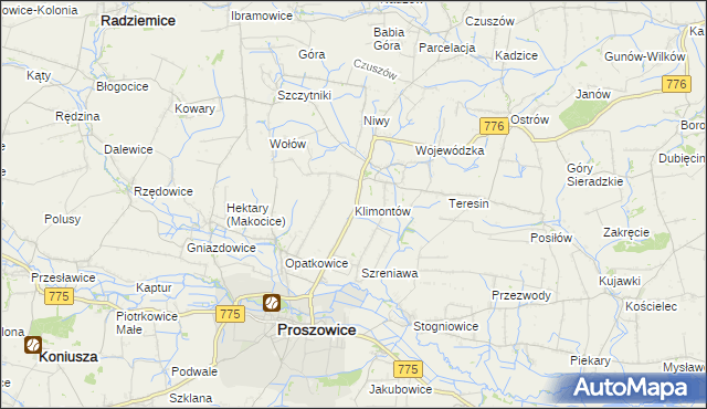 mapa Klimontów gmina Proszowice, Klimontów gmina Proszowice na mapie Targeo