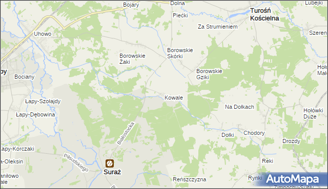 mapa Kowale gmina Suraż, Kowale gmina Suraż na mapie Targeo