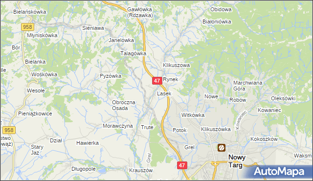 mapa Lasek gmina Nowy Targ, Lasek gmina Nowy Targ na mapie Targeo