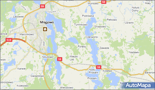 mapa Poręby gmina Mrągowo, Poręby gmina Mrągowo na mapie Targeo