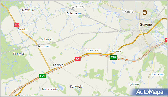 mapa Rzyszczewo gmina Sławno, Rzyszczewo gmina Sławno na mapie Targeo