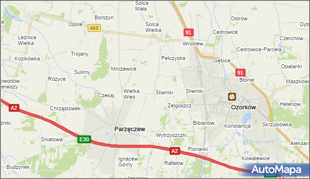 mapa Śliwniki gmina Parzęczew, Śliwniki gmina Parzęczew na mapie Targeo