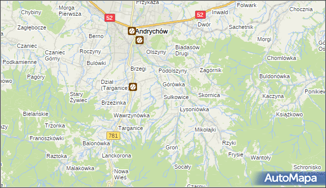 mapa Sułkowice gmina Andrychów, Sułkowice gmina Andrychów na mapie Targeo