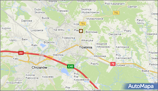 mapa Trzebinia powiat chrzanowski, Trzebinia powiat chrzanowski na mapie Targeo