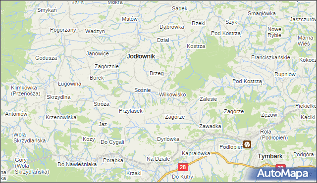mapa Wilkowisko gmina Jodłownik, Wilkowisko gmina Jodłownik na mapie Targeo