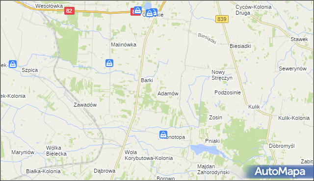 mapa Adamów gmina Cyców, Adamów gmina Cyców na mapie Targeo