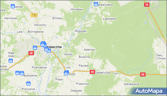 mapa Adamów gmina Głowaczów, Adamów gmina Głowaczów na mapie Targeo