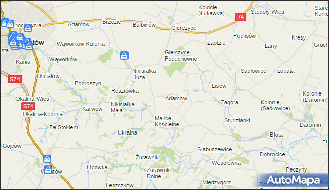 mapa Adamów gmina Lipnik, Adamów gmina Lipnik na mapie Targeo