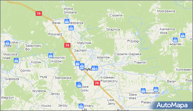 mapa Adamów gmina Smyków, Adamów gmina Smyków na mapie Targeo