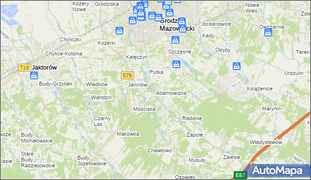 mapa Adamowizna gmina Grodzisk Mazowiecki, Adamowizna gmina Grodzisk Mazowiecki na mapie Targeo