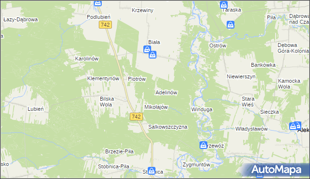 mapa Adelinów gmina Sulejów, Adelinów gmina Sulejów na mapie Targeo