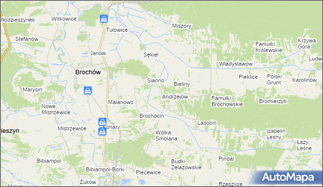 mapa Andrzejów gmina Brochów, Andrzejów gmina Brochów na mapie Targeo