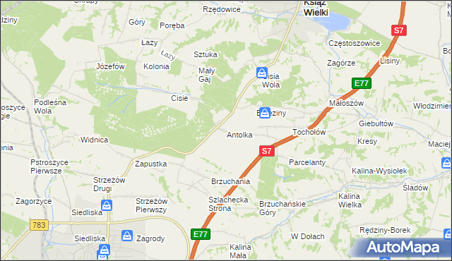 mapa Antolka gmina Książ Wielki, Antolka gmina Książ Wielki na mapie Targeo
