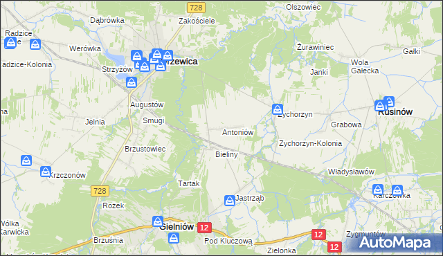 mapa Antoniów gmina Gielniów, Antoniów gmina Gielniów na mapie Targeo