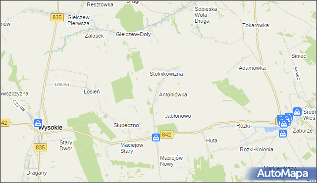 mapa Antoniówka gmina Wysokie, Antoniówka gmina Wysokie na mapie Targeo
