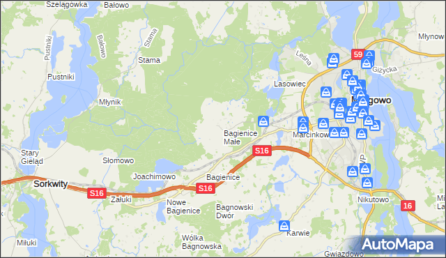 mapa Bagienice Małe gmina Mrągowo, Bagienice Małe gmina Mrągowo na mapie Targeo