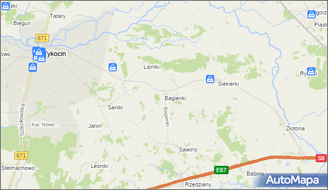mapa Bagienki gmina Tykocin, Bagienki gmina Tykocin na mapie Targeo
