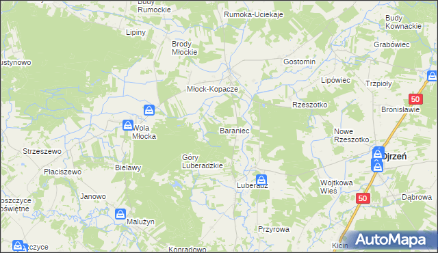 mapa Baraniec gmina Ojrzeń, Baraniec gmina Ojrzeń na mapie Targeo