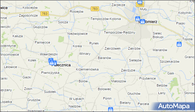 mapa Baranów gmina Skalbmierz, Baranów gmina Skalbmierz na mapie Targeo