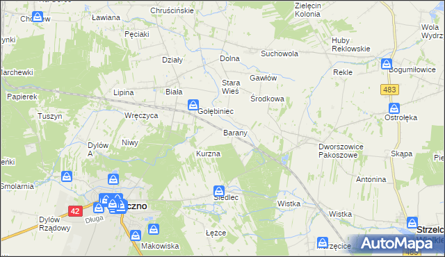 mapa Barany gmina Pajęczno, Barany gmina Pajęczno na mapie Targeo