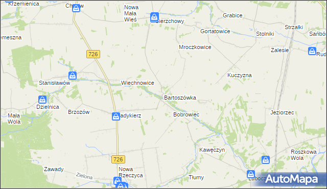 mapa Bartoszówka gmina Rzeczyca, Bartoszówka gmina Rzeczyca na mapie Targeo