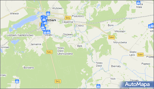 mapa Bełk gmina Lidzbark, Bełk gmina Lidzbark na mapie Targeo