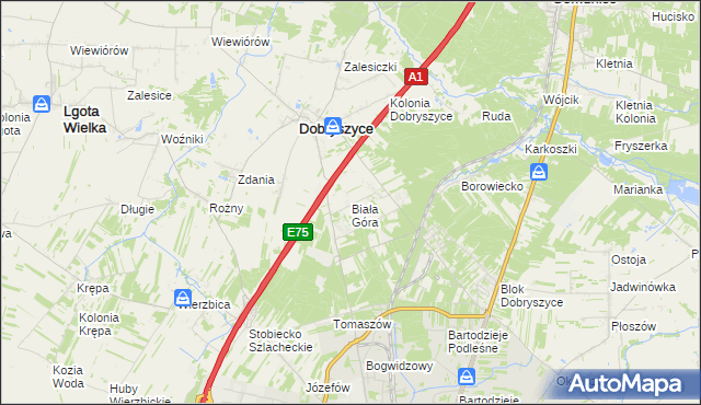 mapa Biała Góra gmina Dobryszyce, Biała Góra gmina Dobryszyce na mapie Targeo