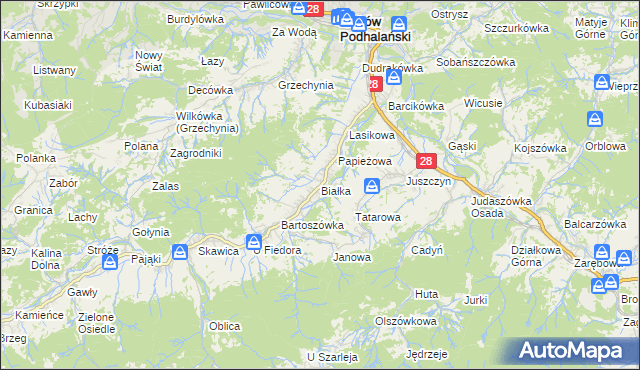 mapa Białka gmina Maków Podhalański, Białka gmina Maków Podhalański na mapie Targeo