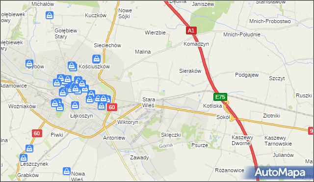 mapa Bielawki gmina Kutno, Bielawki gmina Kutno na mapie Targeo