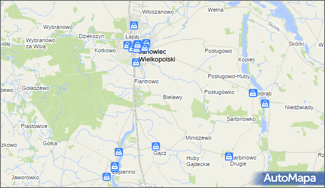 mapa Bielawy gmina Janowiec Wielkopolski, Bielawy gmina Janowiec Wielkopolski na mapie Targeo