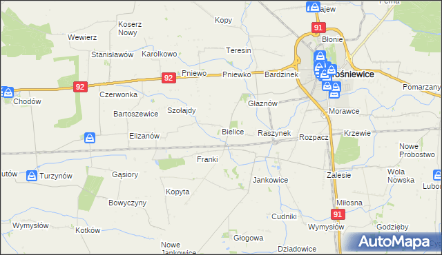 mapa Bielice gmina Krośniewice, Bielice gmina Krośniewice na mapie Targeo