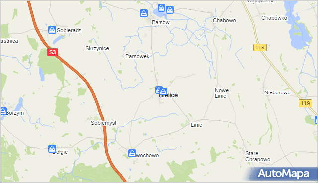 mapa Bielice powiat pyrzycki, Bielice powiat pyrzycki na mapie Targeo