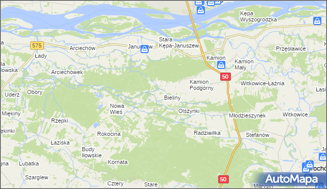 mapa Bieliny gmina Młodzieszyn, Bieliny gmina Młodzieszyn na mapie Targeo