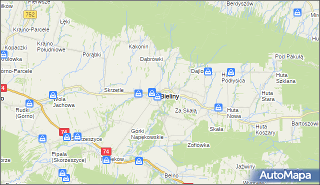 mapa Bieliny powiat kielecki, Bieliny powiat kielecki na mapie Targeo