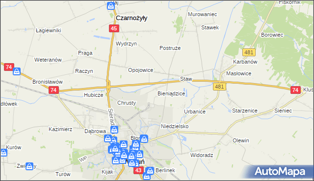 mapa Bieniądzice, Bieniądzice na mapie Targeo