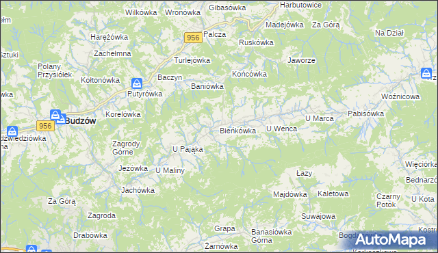 mapa Bieńkówka gmina Budzów, Bieńkówka gmina Budzów na mapie Targeo