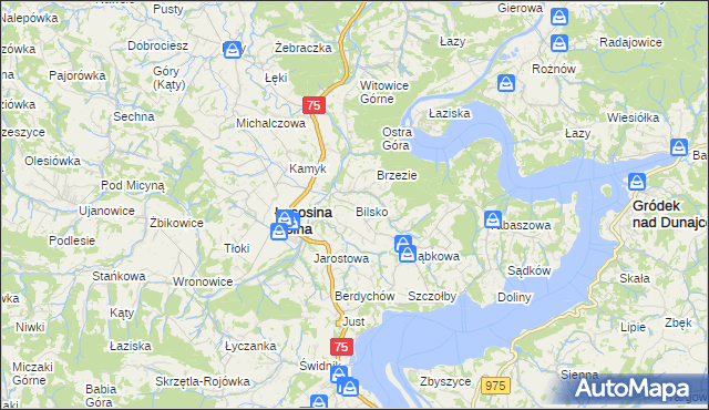 mapa Bilsko gmina Łososina Dolna, Bilsko gmina Łososina Dolna na mapie Targeo