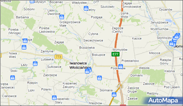 mapa Biskupice gmina Iwanowice, Biskupice gmina Iwanowice na mapie Targeo