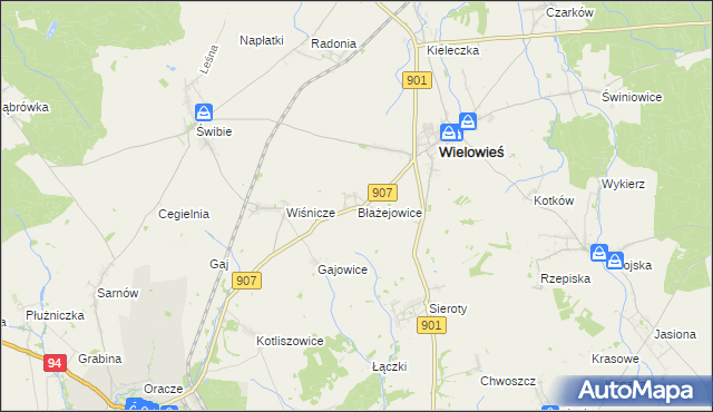 mapa Błażejowice gmina Wielowieś, Błażejowice gmina Wielowieś na mapie Targeo