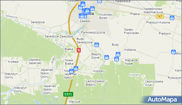 mapa Błaziny Dolne, Błaziny Dolne na mapie Targeo