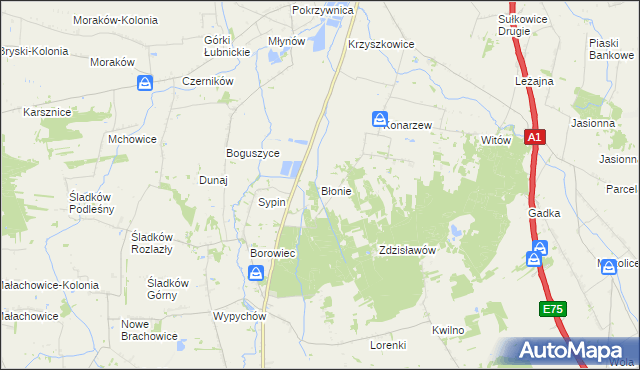 mapa Błonie gmina Piątek, Błonie gmina Piątek na mapie Targeo