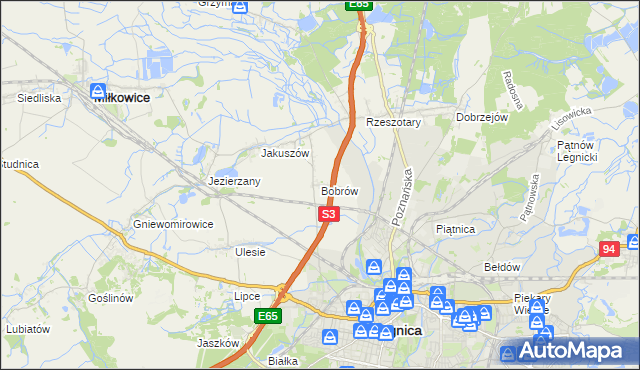 mapa Bobrów gmina Miłkowice, Bobrów gmina Miłkowice na mapie Targeo