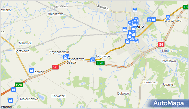 mapa Bobrowice gmina Sławno, Bobrowice gmina Sławno na mapie Targeo