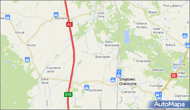 mapa Bobrowiec gmina Smętowo Graniczne, Bobrowiec gmina Smętowo Graniczne na mapie Targeo